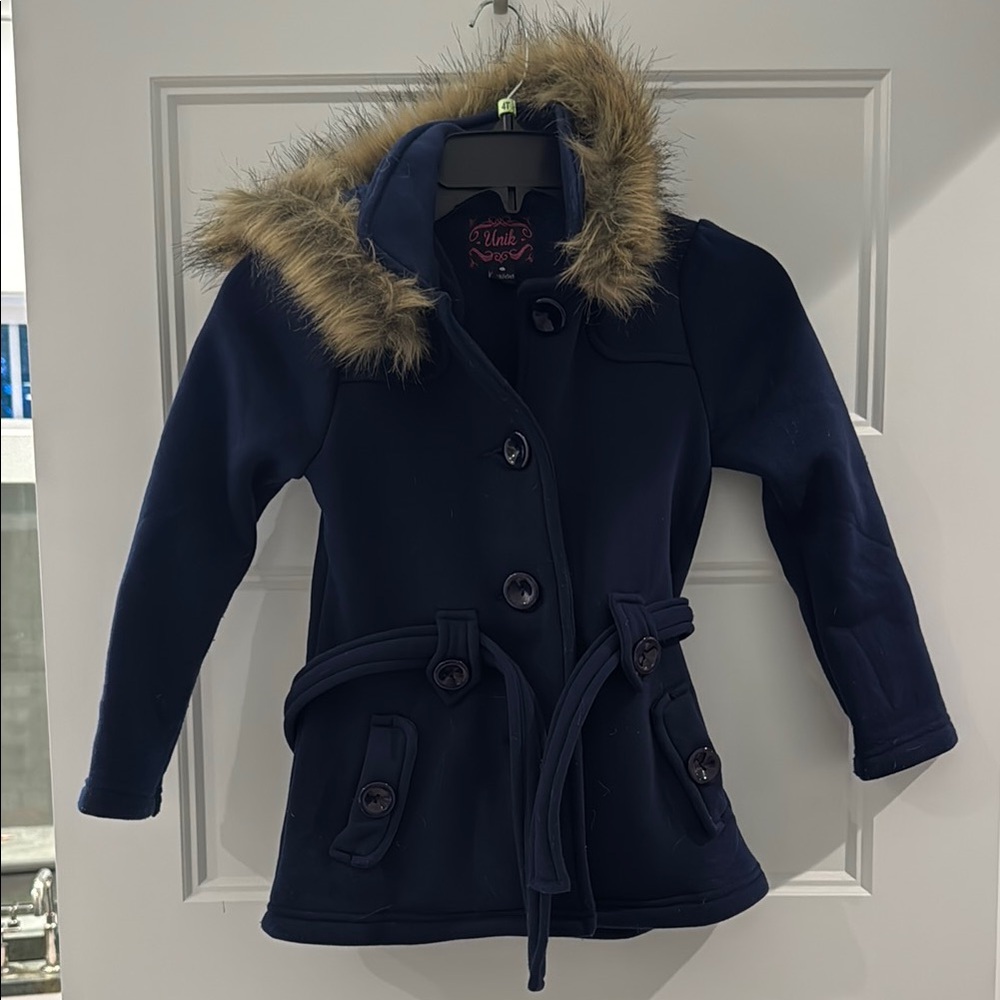 Unik Blue and Brown Pea Coat with Faux Fur Trim